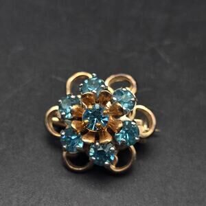 Barclay Blue Rhinestone Flower Pin Brooch Gold Tone Small Petite